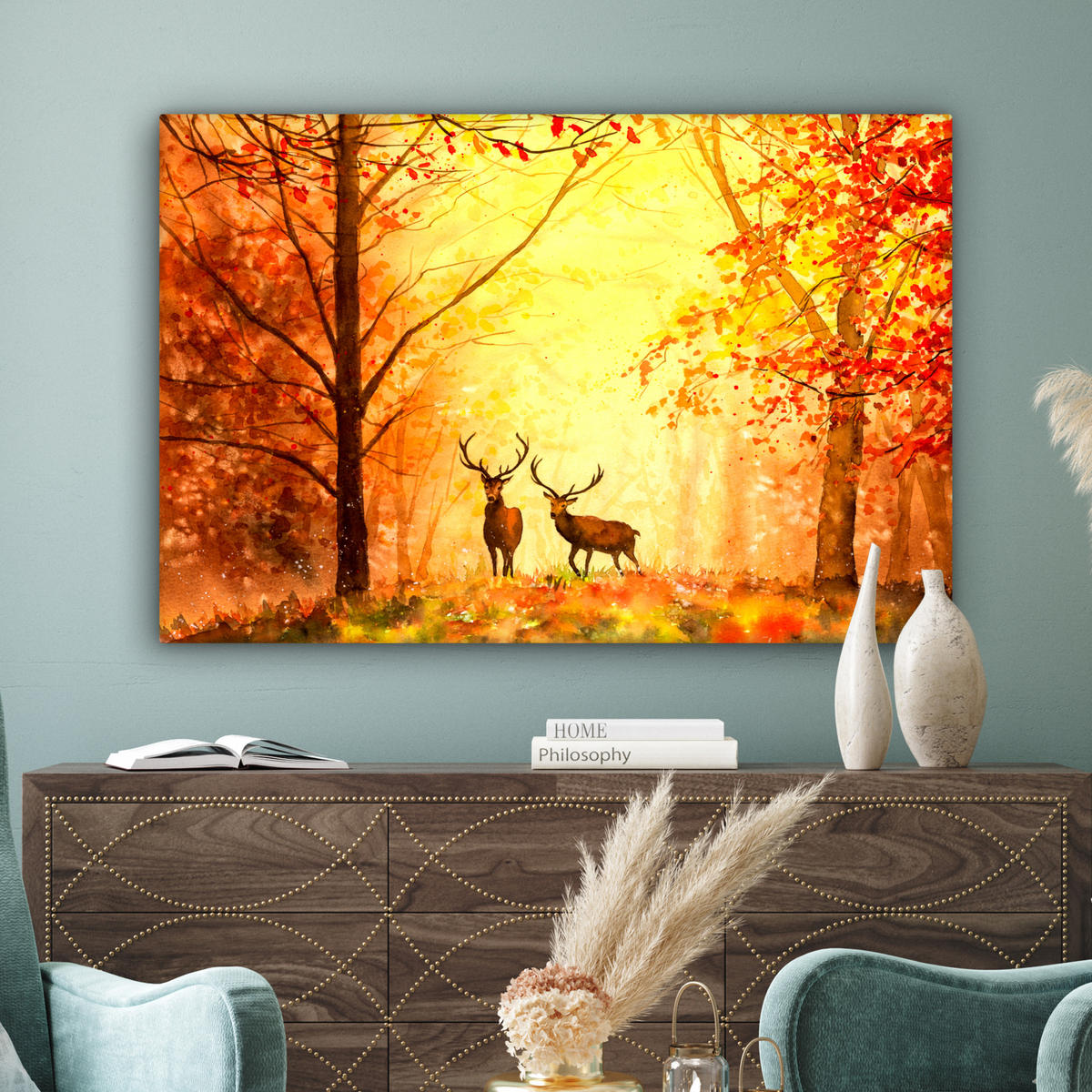 LEINWANDBILD Natur - Ölfarbe - Hirsche - Tiere - Herbst - Orange Groß 140x90 cm - Orange, Textil (140/90cm) - MuchoWow