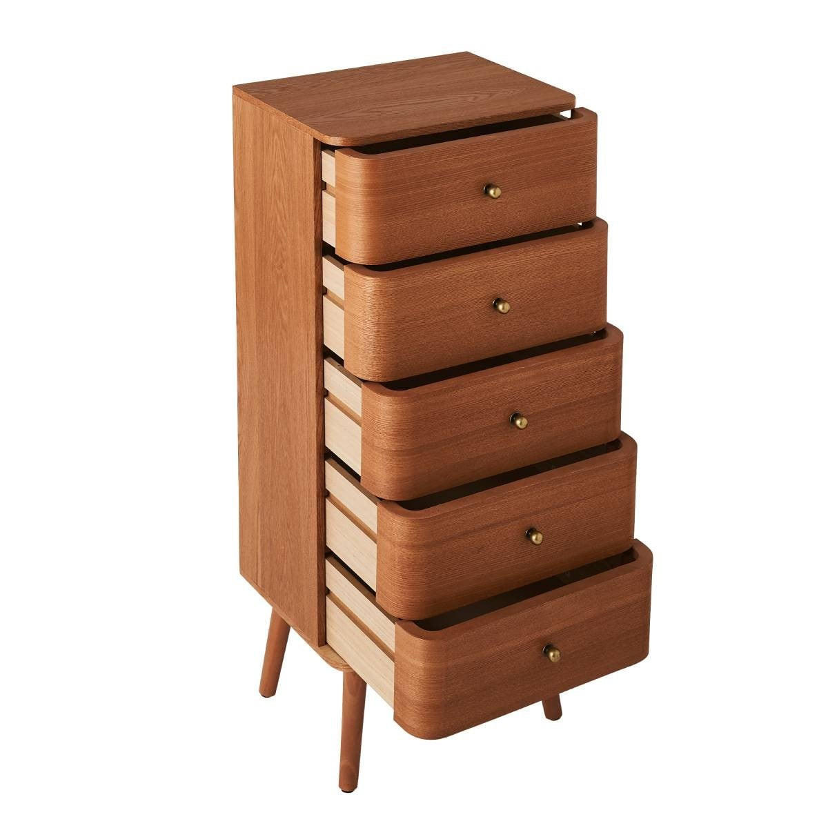 HOCHKOMMODE mit 5 Schubladen und abgerundeten Frontkanten 42/35/100 cm - Eschefarben, Holzwerkstoff (35/100/48cm) - Calicosy