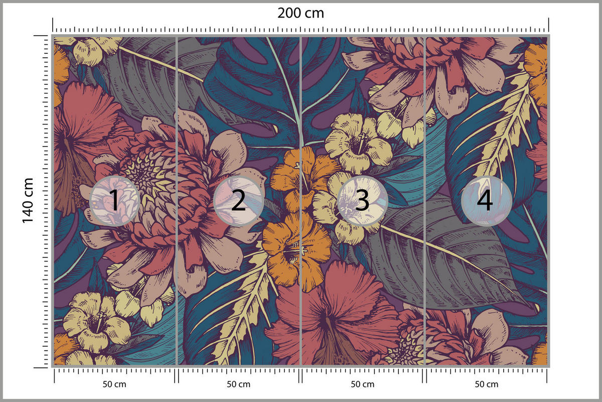 FOTOTAPETE für Schlafzimmer Retro Bunte Blätter Blumen Pflanzen 200x140 - Türkis/Blau, Papier (200/140cm) - Muralo