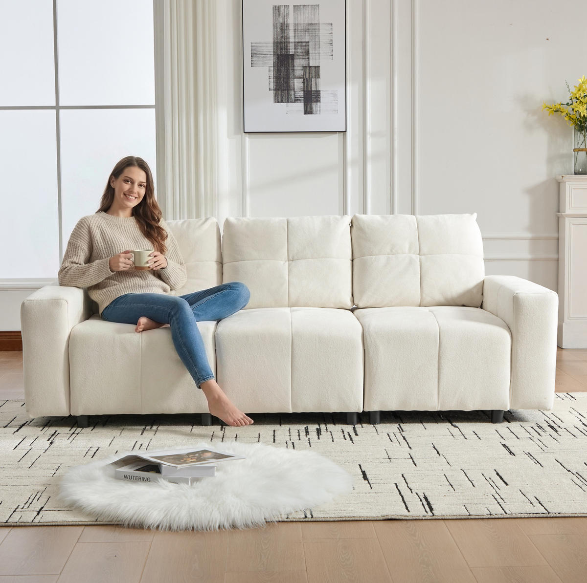 SOFA mit Schlaffunktion 213 cm Chenille Beige White 3-Sitzer - Beige, Kunststoff (213/84/94cm) - Meubliv