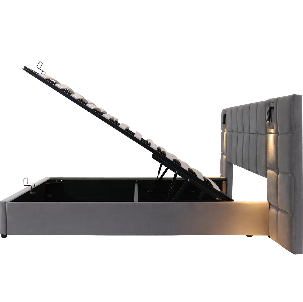 SAMT-POLSTERBETT 160/200 cm mit Bettkasten, USB und LED-Leselicht in Grau - Grau, Metall (160/200cm) - BEAOK