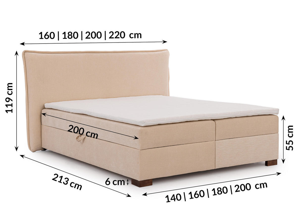 BOXBETT Lovetti, Strukturstoff mit Cordoptik, H3 - Beige/Dunkelbraun, Holz/Kunststoff (140/200cm) - S-Style Möbel