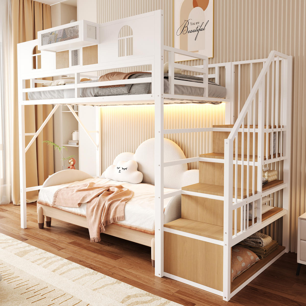 HOCHBETT 90/200 cm in Weiß mit Stauraumleiter, Lichtleiste, Ablagefach und Bettgitter aus Metall und MDF - Weiß, Metall (90/200cm) - STILVORA