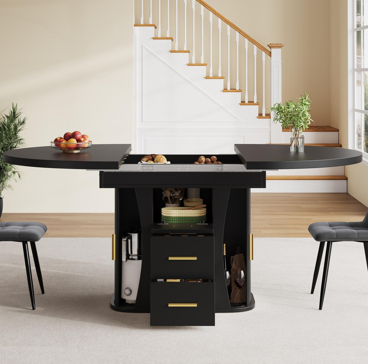 AUSZIEHTISCH aus MDF 118x118x77 cm Schwarz mit ausziehbarer Tischplatte und Stauraum - Schwarz, Holzwerkstoff (118/118/77cm) - Modfu