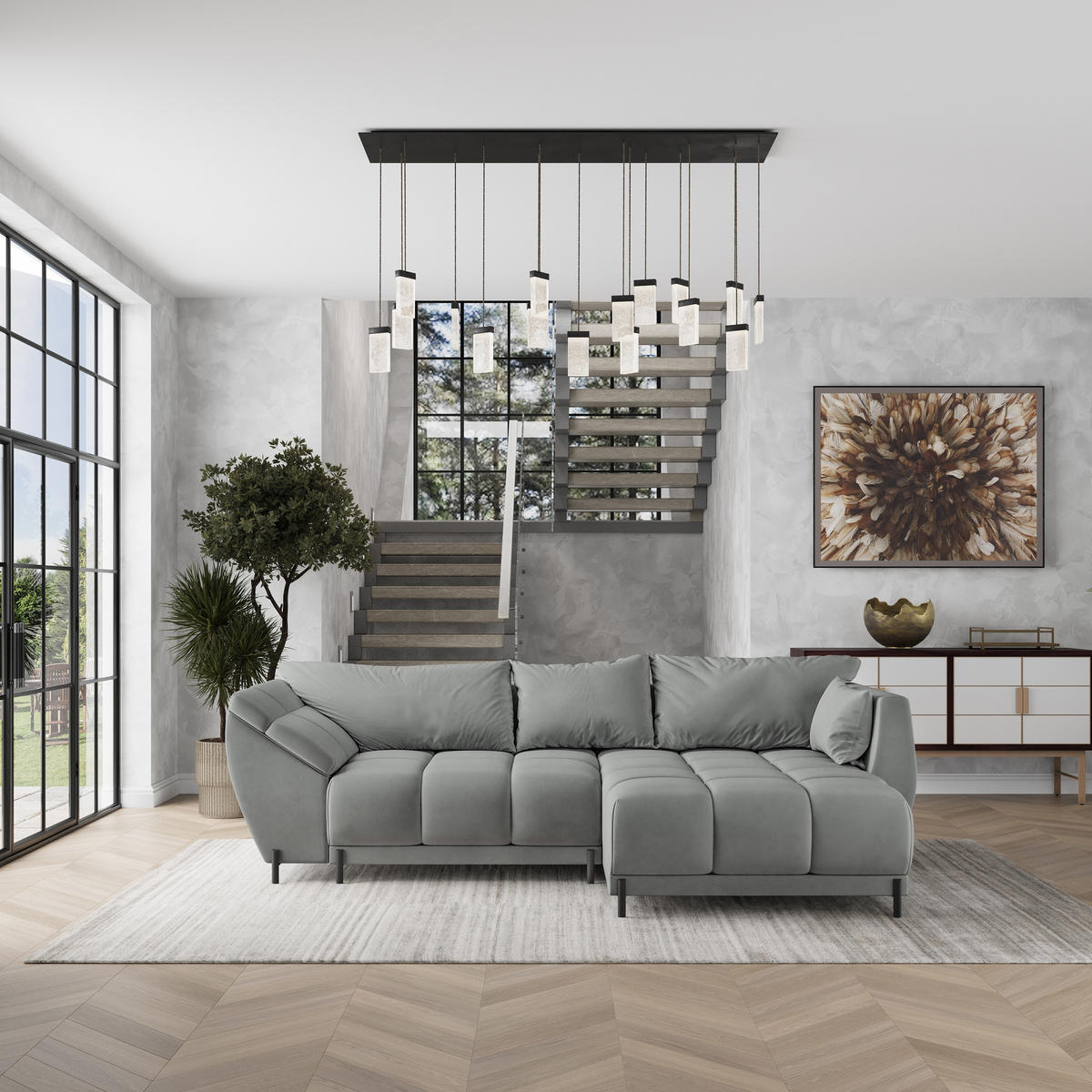 ECKSOFA VESTANO R-S Grau Velours-Stoff mit Schlaffunktion - Grau, Holz (287/182cm) - MASSENO