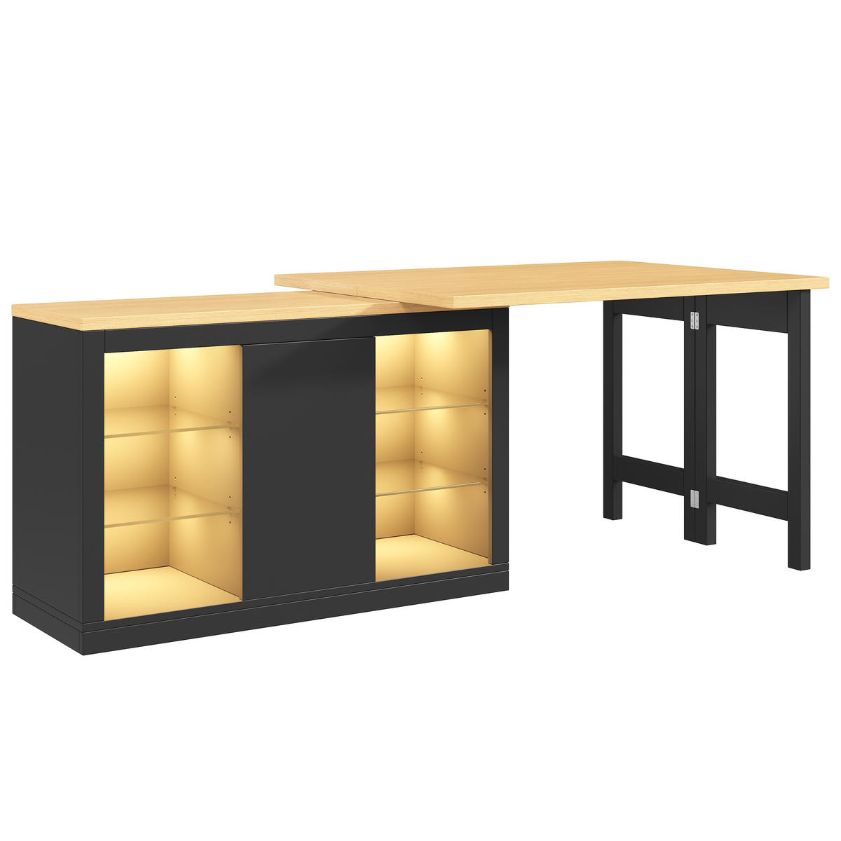 KUCHYŇSKÝ OSTROV v černé barvě s LED osvětlením a rozkládací deskou do kuchyně a jídelny, Š120/H40/V72 cm - černá, kov/kompozitní dřevo (197/74/80cm) - STILVORA