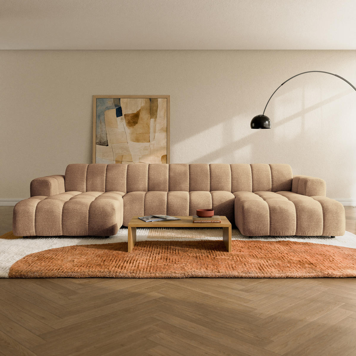 WOHNLANDSCHAFT AENIS Beige Strukturstoff - Beige, Holz (398/85/165cm) - MASSENO