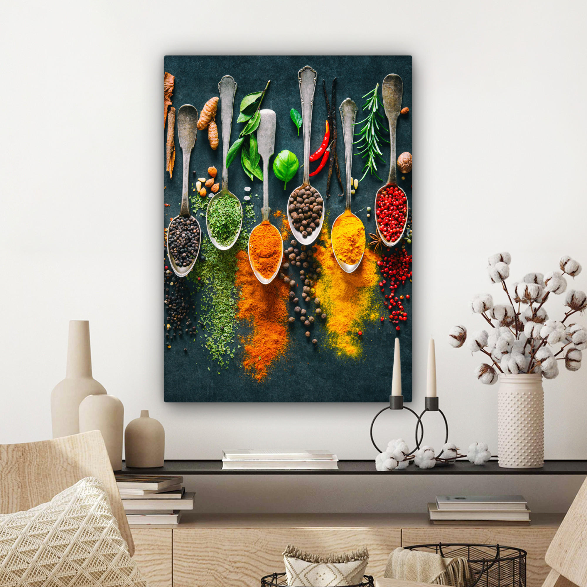 LEINWANDBILD Kräuter - Gewürze - Löffel 60x80 cm - Currygelb, Textil (60/80cm) - MuchoWow