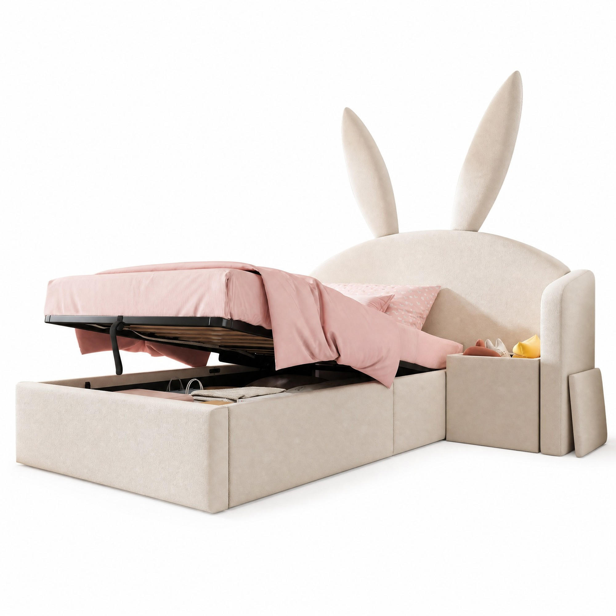 KINDERBETT 90/200 mit hydraulischem Bettkasten, Nachttisch und Hasenohr-Design in Beige - Beige, Holzwerkstoff/Textil (90/190cm) - EVRYAE