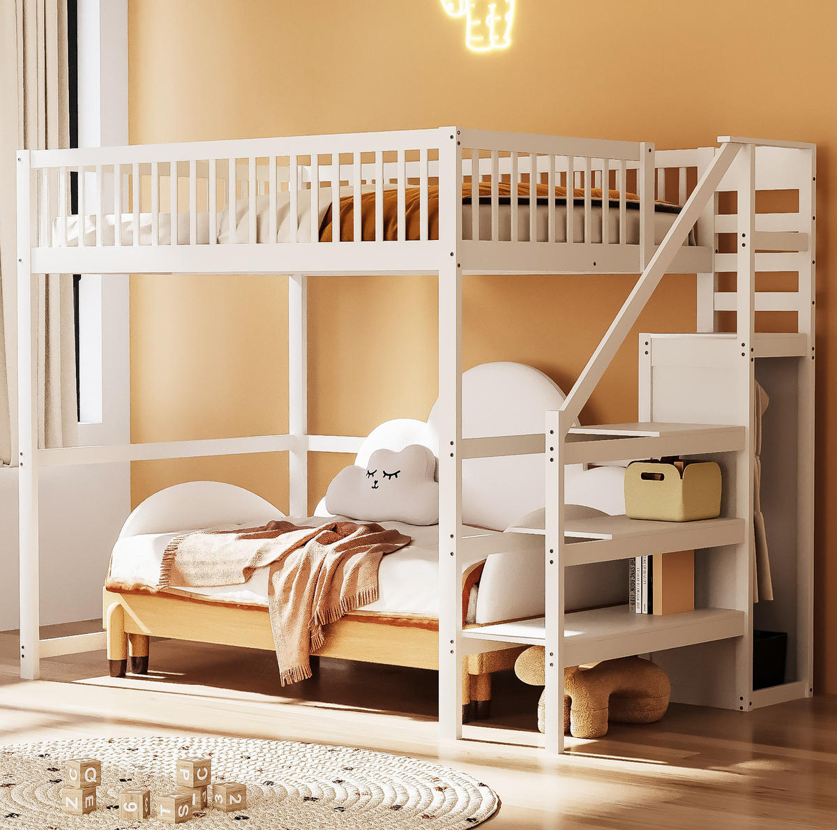 PATROVÁ postel 140/200 cm bílá dětská postel z borovicového dřeva se šatní skříní - bílá, dřevo (140/200cm) - OKWISH