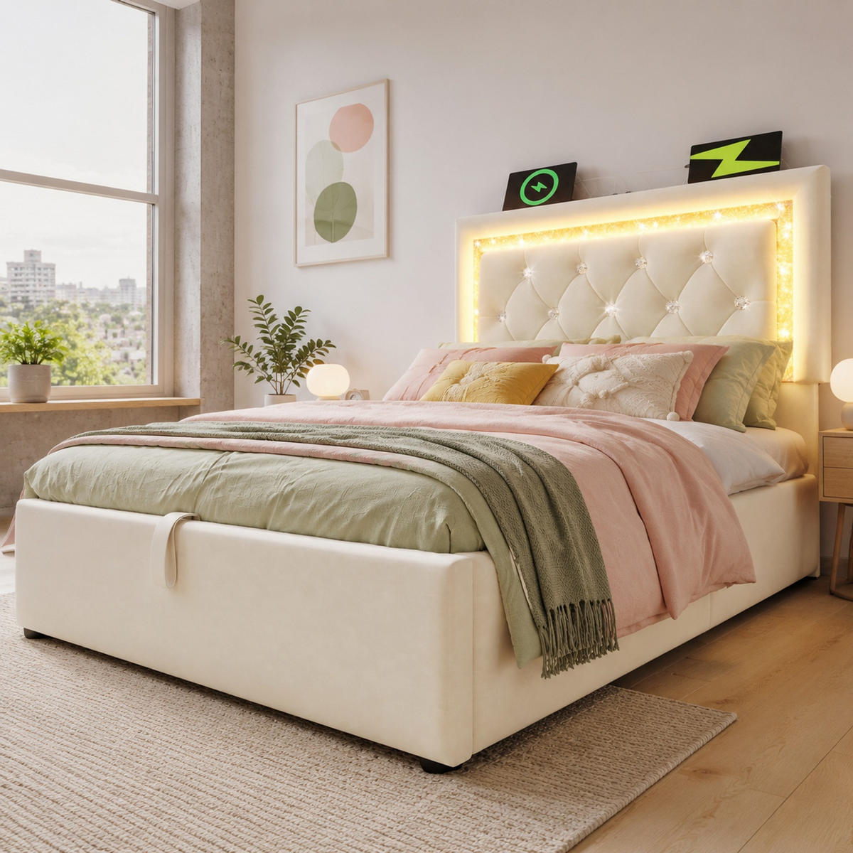 POLSTERBETT 90/200 mit Bettkasten, LED und USB in Beige - Beige, Holzwerkstoff/Textil (90/200cm) - EVRYAE