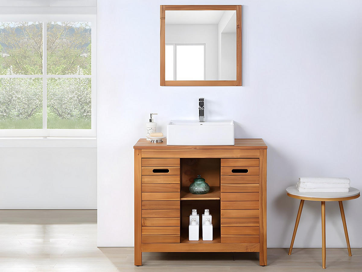 EINZELWASCHTISCH - 90 cm x 50 cm - Keramik, Holz, Platte - Naturfarben Dunkel - PULUKAN - Naturfarben, Keramik/Holz (90/83/50cm) - Vente-Unique