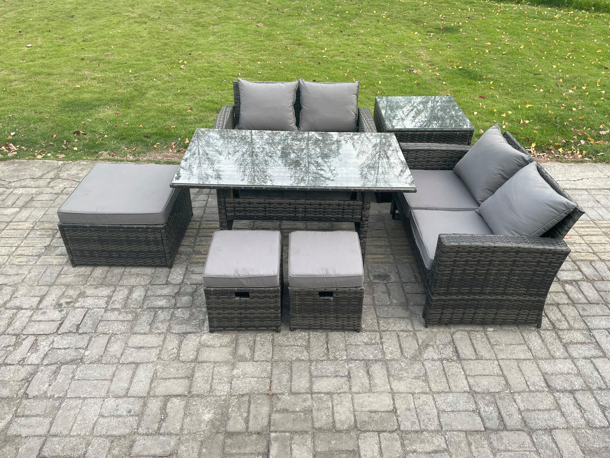 BALKONMÖBEL-SETS mit 2-Sitzer Sofa,3 Fußhocker,Esstisch,Beistelltisch Polyrattan Dunkelgrau 7-Sitzer - Dunkelgrau/Grau, Glas/Kunststoff - Fimous