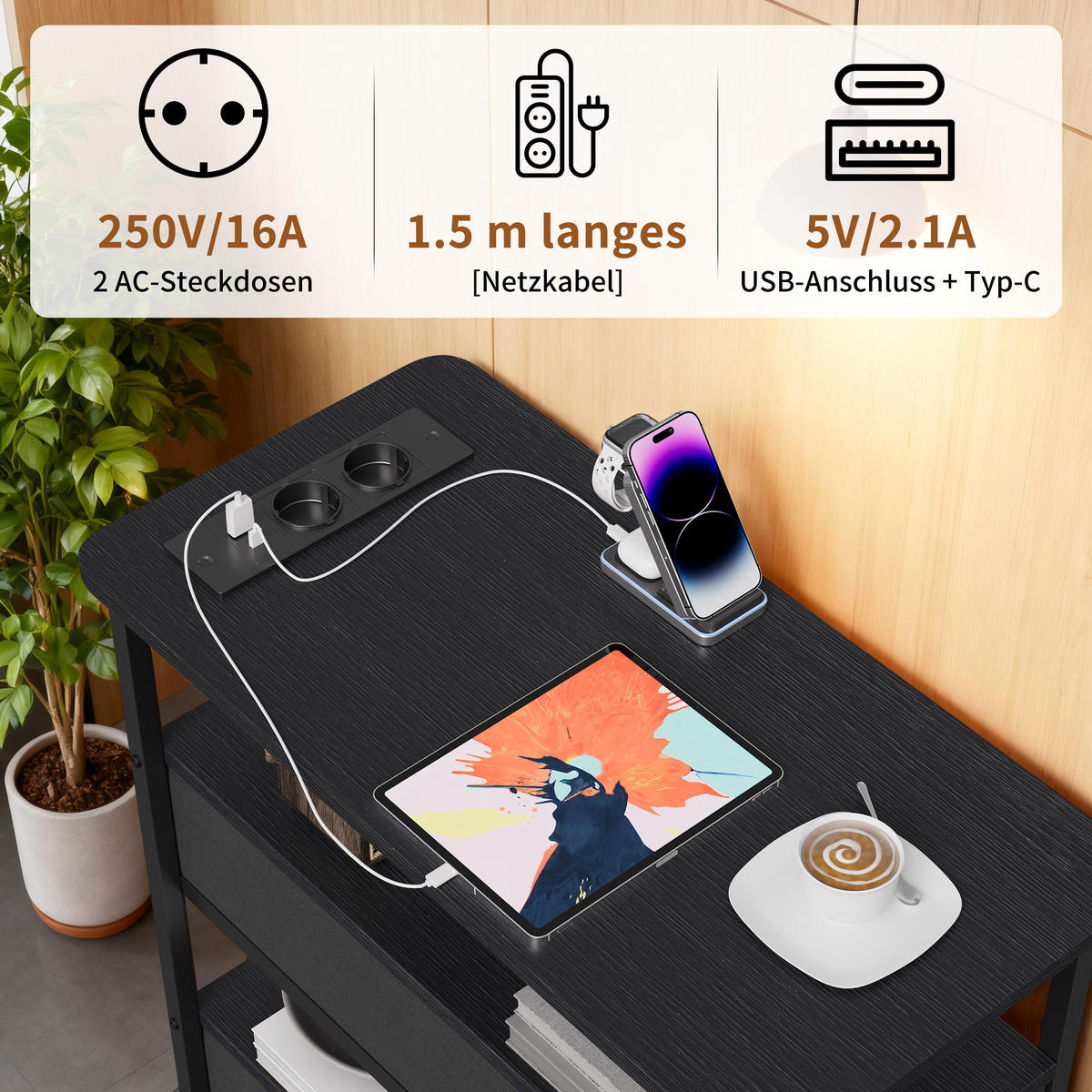 NACHTTISCH LED USB 2 Schubladen 2 Fächer schwarz - Schwarz, Holz (58/28/60.5cm) - LEBENLANG