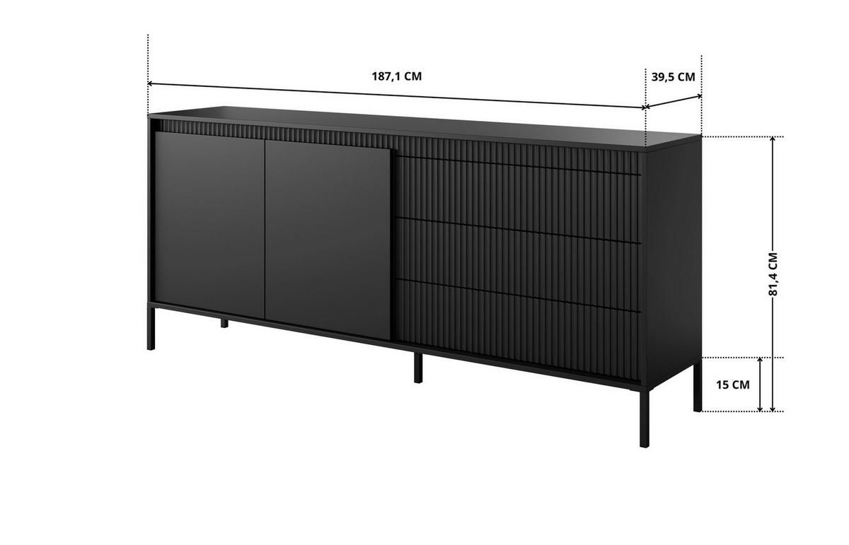 SIDEBOARD Ferrato C 187 cm Schwarz - mit 2 Türen und 3 geriffelten Schubladen rechts - Schwarz, Holz/Holzwerkstoff (187/81/39cm) - Ravio