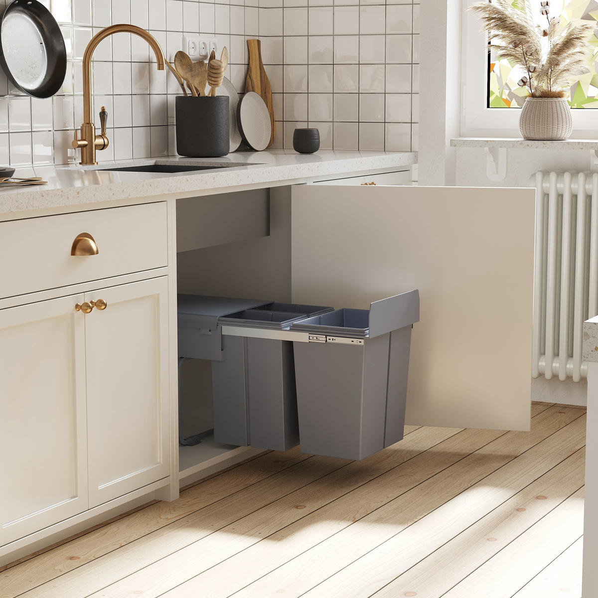 MÜLLEIMER DE-08953 3 Fächer (10+10+20 L), ausziehbar, Soft-Close Grau - Grau, Kunststoff (34.2/41.8/48cm) - ComfortXL