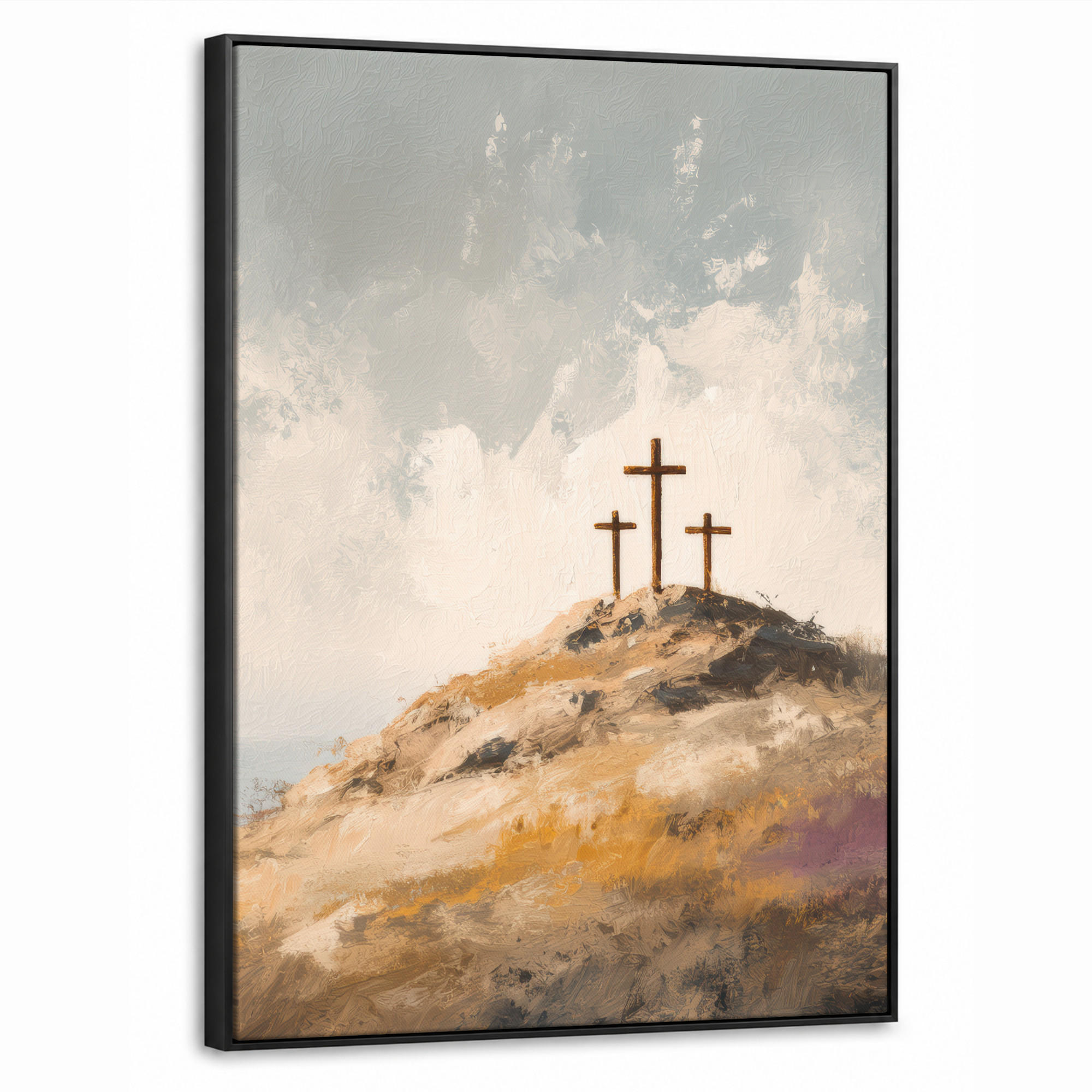 LEINWAND Bilder mit Rahmen - Hügel - Abstrakt - Christentum - Kreuz - 70x100 - Hellgrau, Textil (70/100cm) - MuchoWow