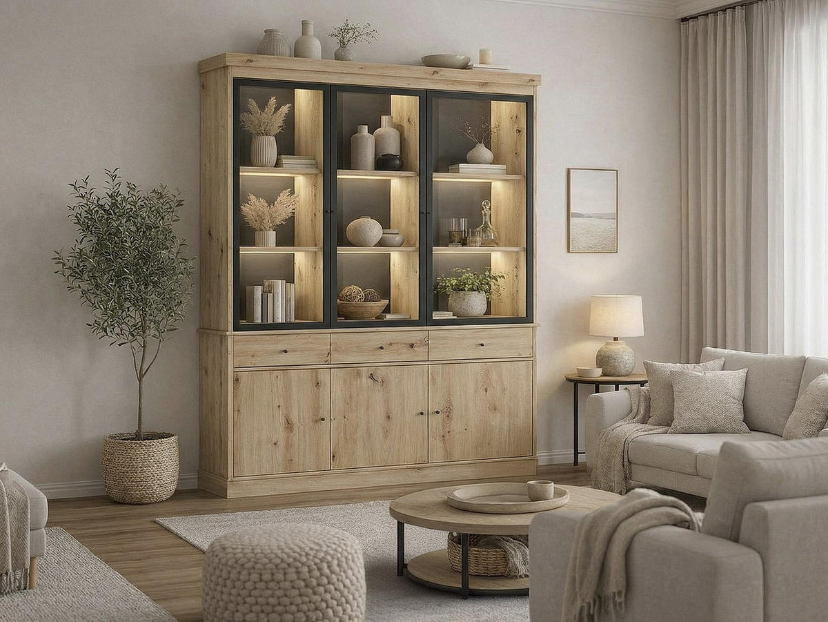 VITRINENSCHRANK - 172.5 cm x 39.6 cm - Glas, Holz, Platte - Schwarz, Naturfarben Hell - MARSORIA - Schwarz/Naturfarben, Glas/Holz (172.5/217.8/39.6cm) - Vente-Unique