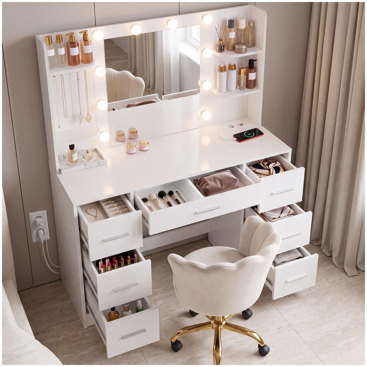 SCHMINKTISCH Charlotte, 107 x 42,5 x 140 cm, weiß - Weiß, Holzwerkstoff (107/140/42.5cm) - tectake