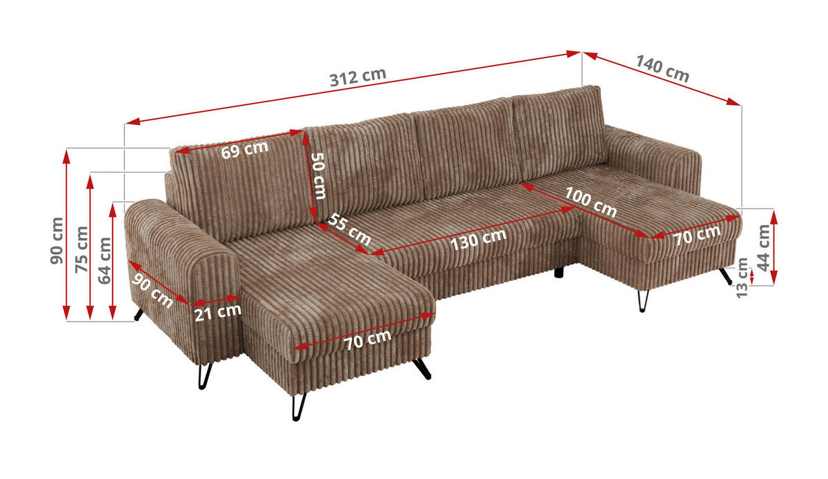 WOHNLANDSCHAFT AXEL U Cord Braun - Schwarz/Braun, Textil/Metall (312/90/140cm) - MKS