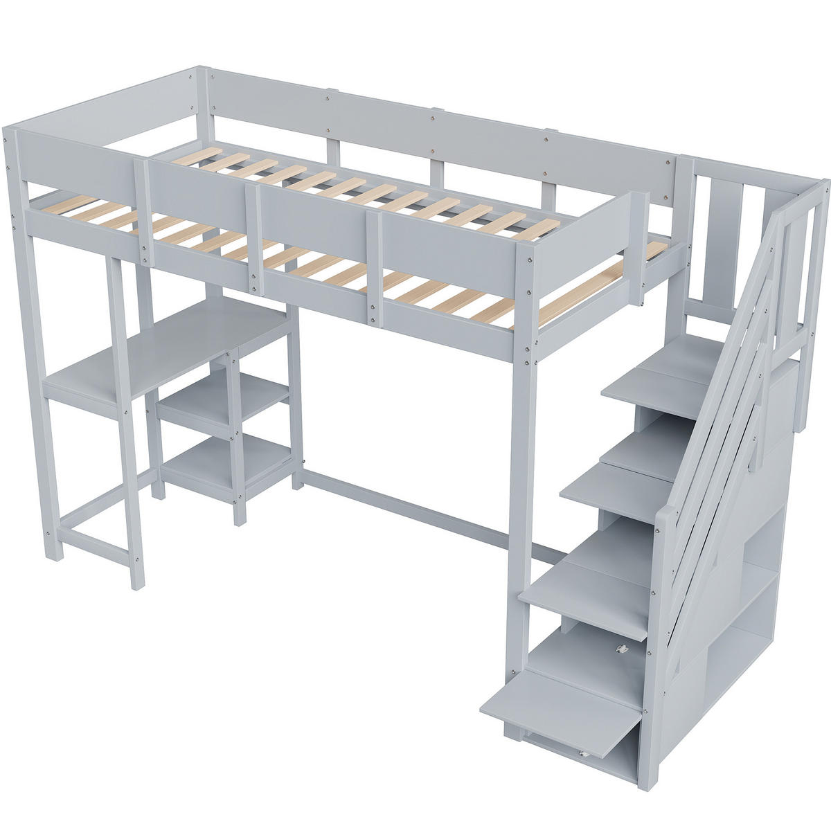 HOCHBETT aus Kiefernholz 90x200 cm Grau mit Stauraumtreppe, Ablageregal und Rundum-Schutzgittern - Grau, Holzwerkstoff (90/200cm) - Modfu