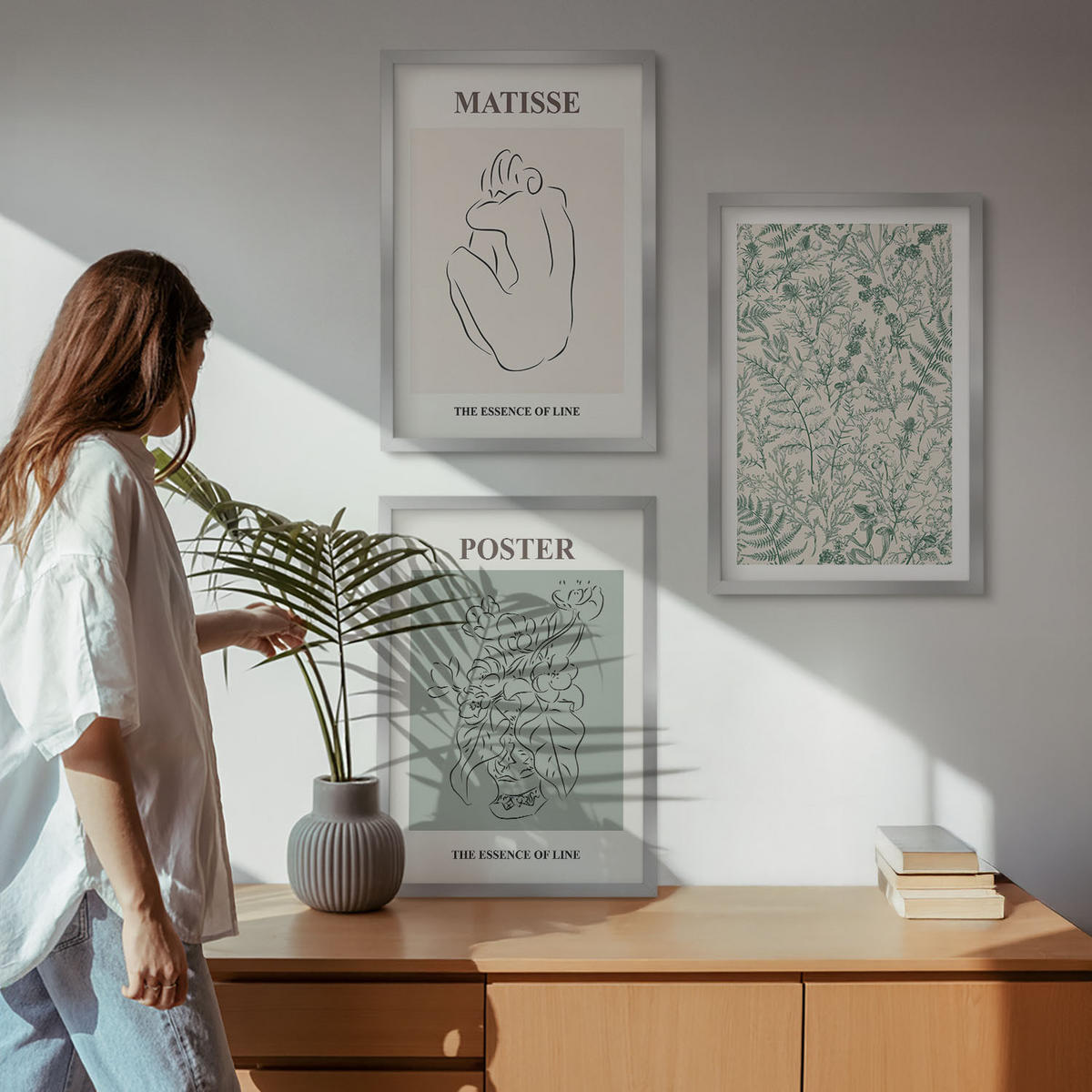 BILDER SET 3er Set - 40x60 cm Silberner Rahmen - Linien, Pflanzenmuster, Minimalismus - Silberfarben, Kunststoff (40/60cm) - TULUP