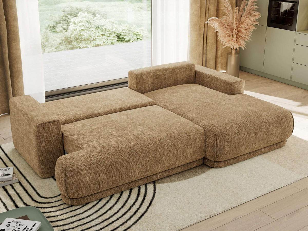 ECKSCHLAFSOFA RINA L Hellbraun Schenille grob gewebt - rechts - Hellbraun/Schwarz, Kunststoff/Textil (170/267cm) - MKS