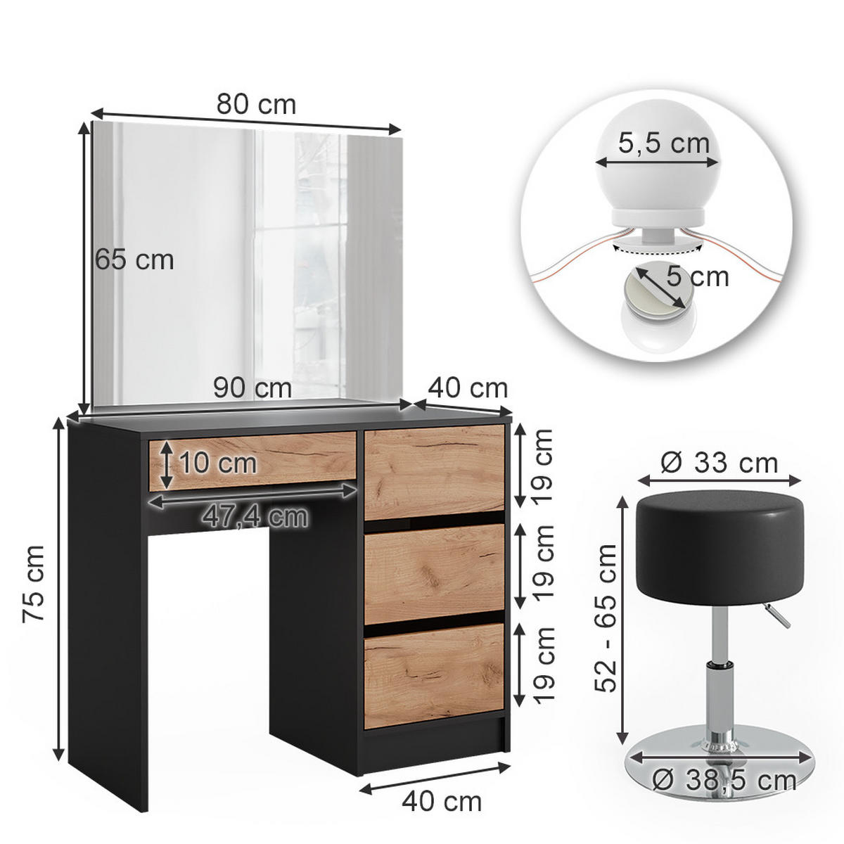 SCHMINKTISCH Sherry Anthrazit/Goldkraft Eiche 90 x 75 cm mit Spiegel, LED-Beleuchtung & Hocker - Anthrazit/Eiche Wotan, Holzwerkstoff (90/75/40cm) - Vicco