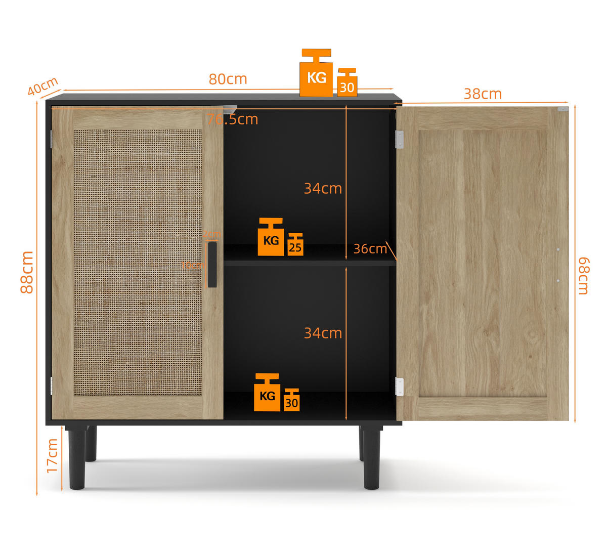 SIDEBOARD in Schwarz mit zwei Rattan-Türen für Wohnzimmer, Esszimmer und Diele, B80/T40/H88 cm - Schwarz/Naturfarben, Holzwerkstoff (80/88/40cm) - STILVORA