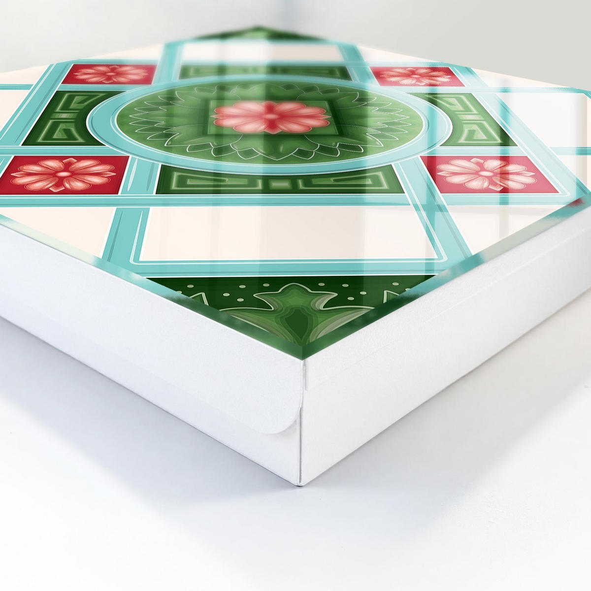 SCHLÜSSELBOX Weiß 30x30 cm – Türöffnung nach rechts - Florale Geometrie - Grün, Metall (30/30/5cm) - TULUP
