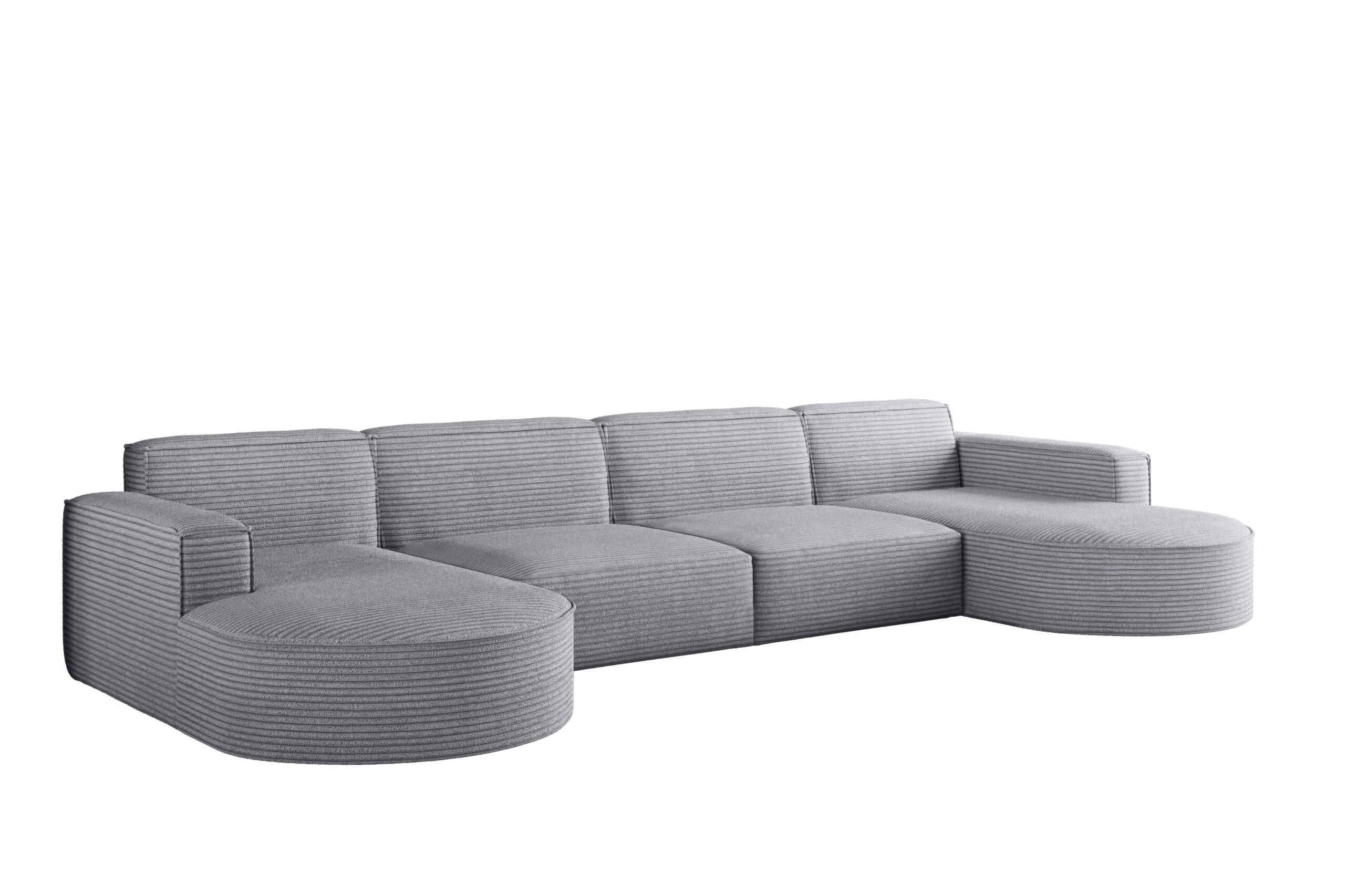 Kaiser Möbel ROHOVÁ SEDAČKA ve tvaru U XL designová MODENA široká manšestrová tkanina Poso Světle šedá