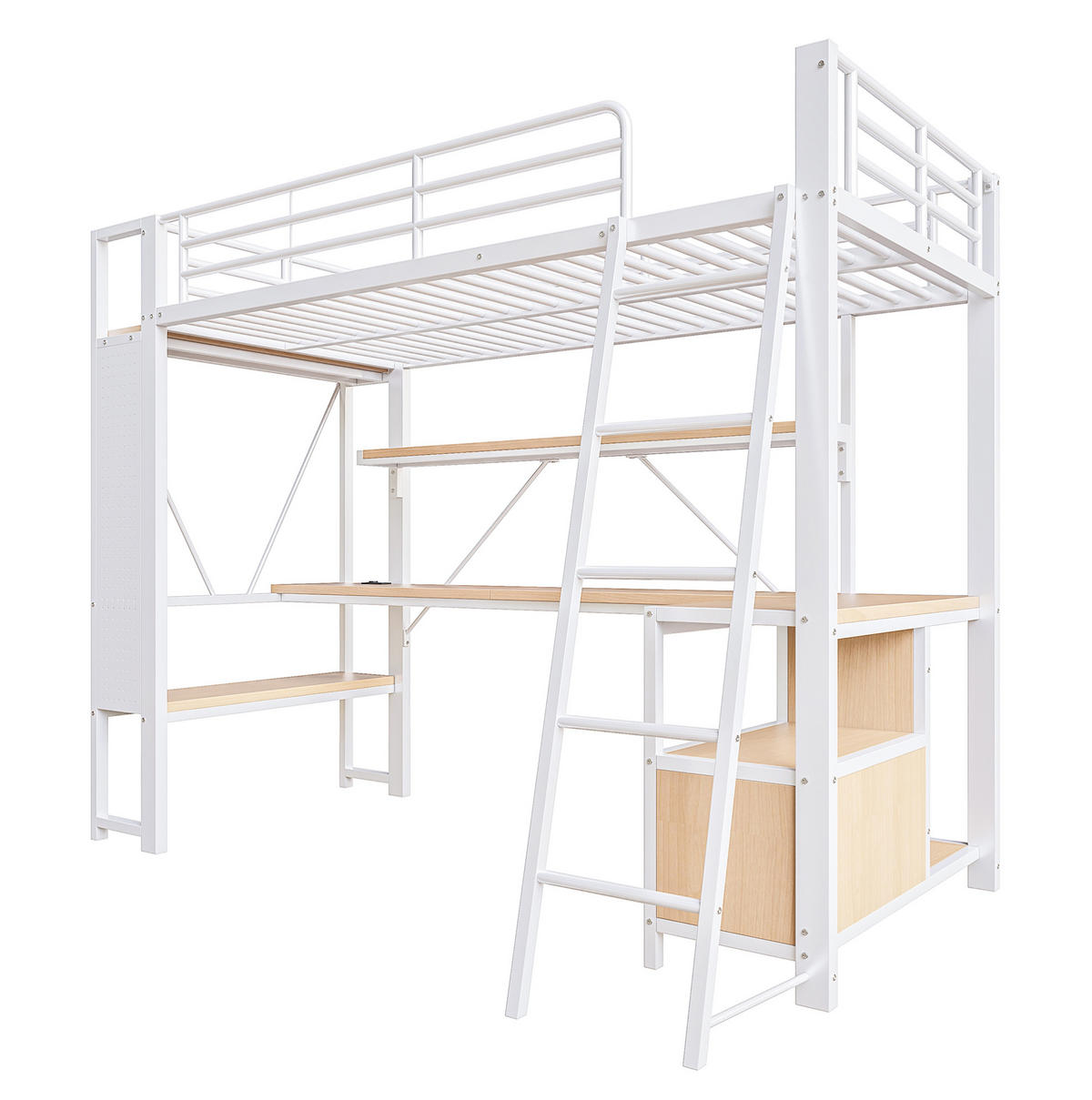 HOCHBETT 90/200 cm mit Schreibtisch, LED-Lichtleiste, Regalen, Lochwand und USB-Anschluss, Weiß - Weiß, Metall (90/200cm) - Redom
