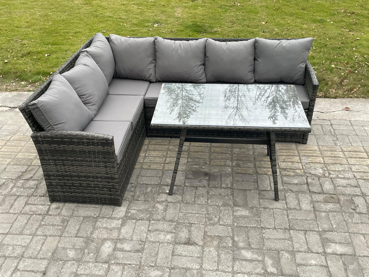 SITZGRUPPE mit Ecksofa Polyrattan Dunkelgrau 6-Sitzer - Dunkelgrau/Grau, Glas/Kunststoff - Fimous