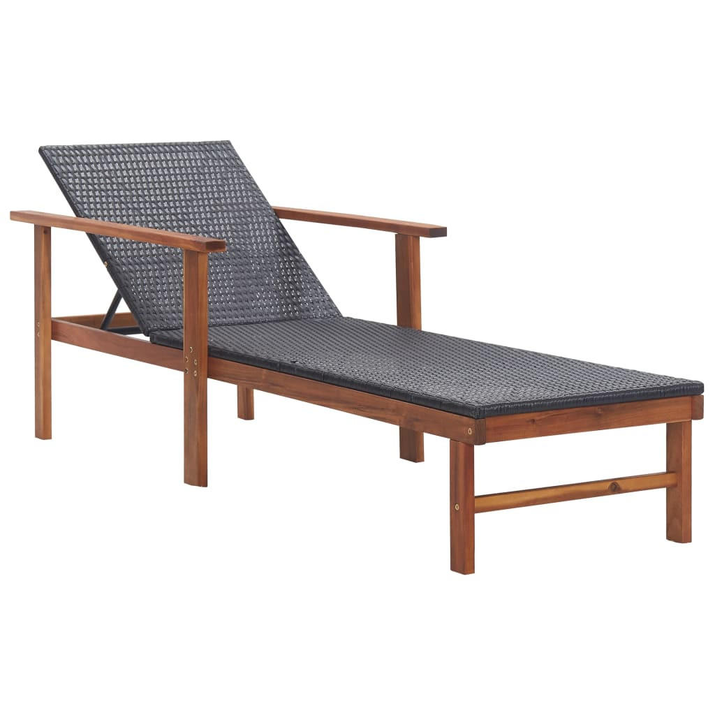 SONNENLIEGE mit Auflage Poly-Rattan Akazie Massivholz Schwarz - Schwarz, Kunststoff (55/56/200cm) - furnicato