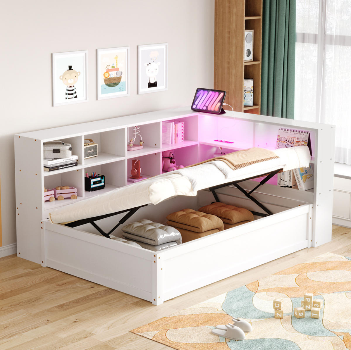 KREVET 90/200 cm s multifunkcijskom utičnicom, LED svjetlosnom trakom i više spremišnih pretinaca, Bijela - bijela, drvni materijal (220.5/82/114.5cm) - Redom