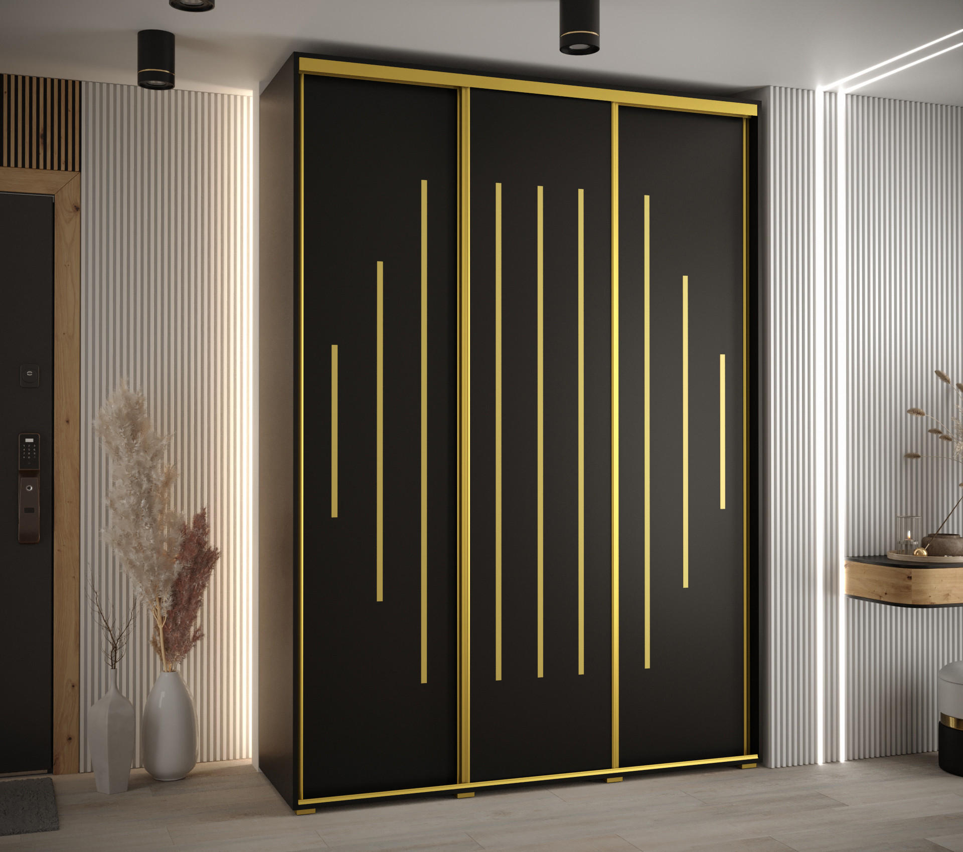 SCHWEBETÜRENSCHRANK 235,2/170/45 3-türig - Goldfarben/Schwarz, Holz/Metall (170/235/45cm) - Abiks Möbel