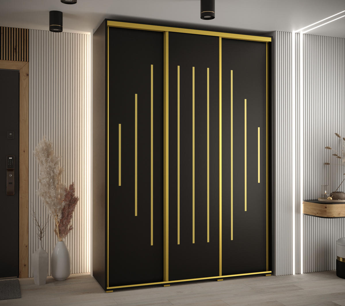 SCHWEBETÜRENSCHRANK 235,2/180/45 3-türig - Goldfarben/Schwarz, Holz/Metall (180/235/45cm) - Abiks Möbel