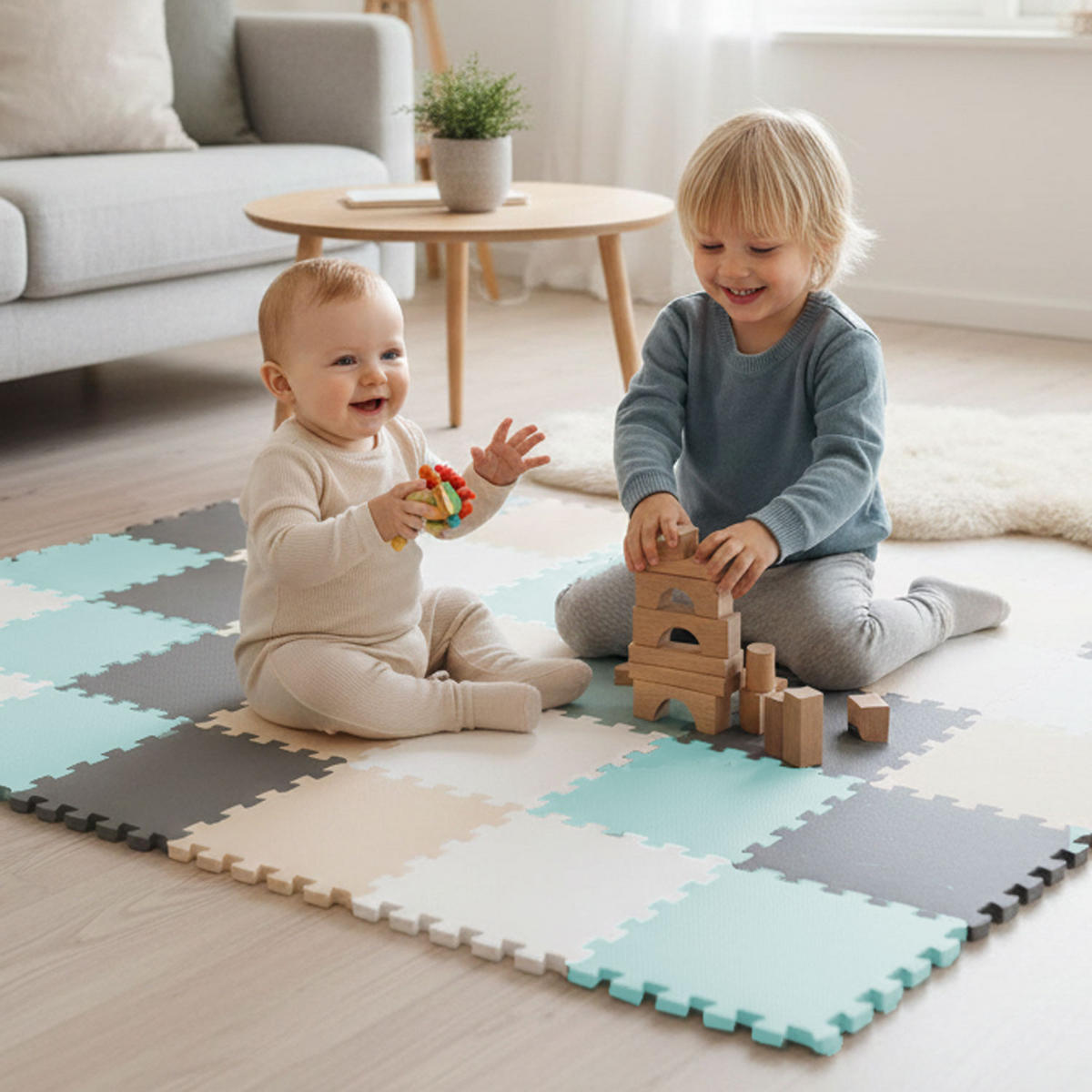 SPIELMATTE ab Null - 360/120/1 cm Puzzlematte Grau/Beige/Weiß/Mint - Multicolor, Kunststoff (30/30cm) - Littletom