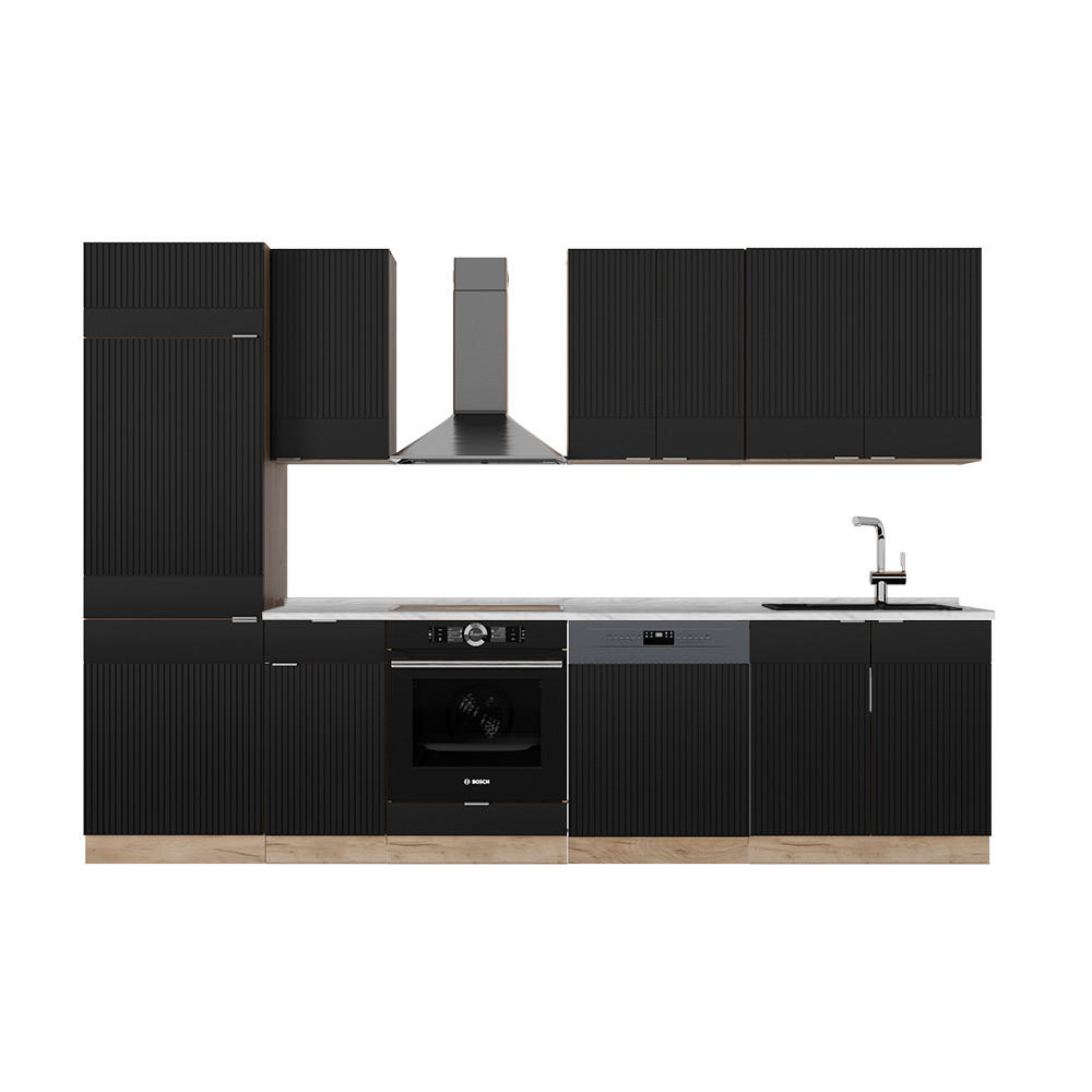 KÜCHENZEILE Fame-Line, Schwarz gestreift/Goldkraft Eiche, 300 cm ohne Arbeitsplatte - Honigeiche/Schwarz, Holzwerkstoff (300/81.6/46cm) - Vicco