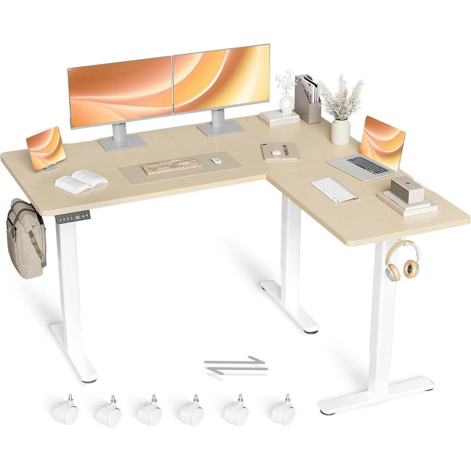 ECKSCHREIBTISCH höhenverstellbar 160x140cm beige mit Dual-Motor - Beige, Holzwerkstoff (160/140/118cm)