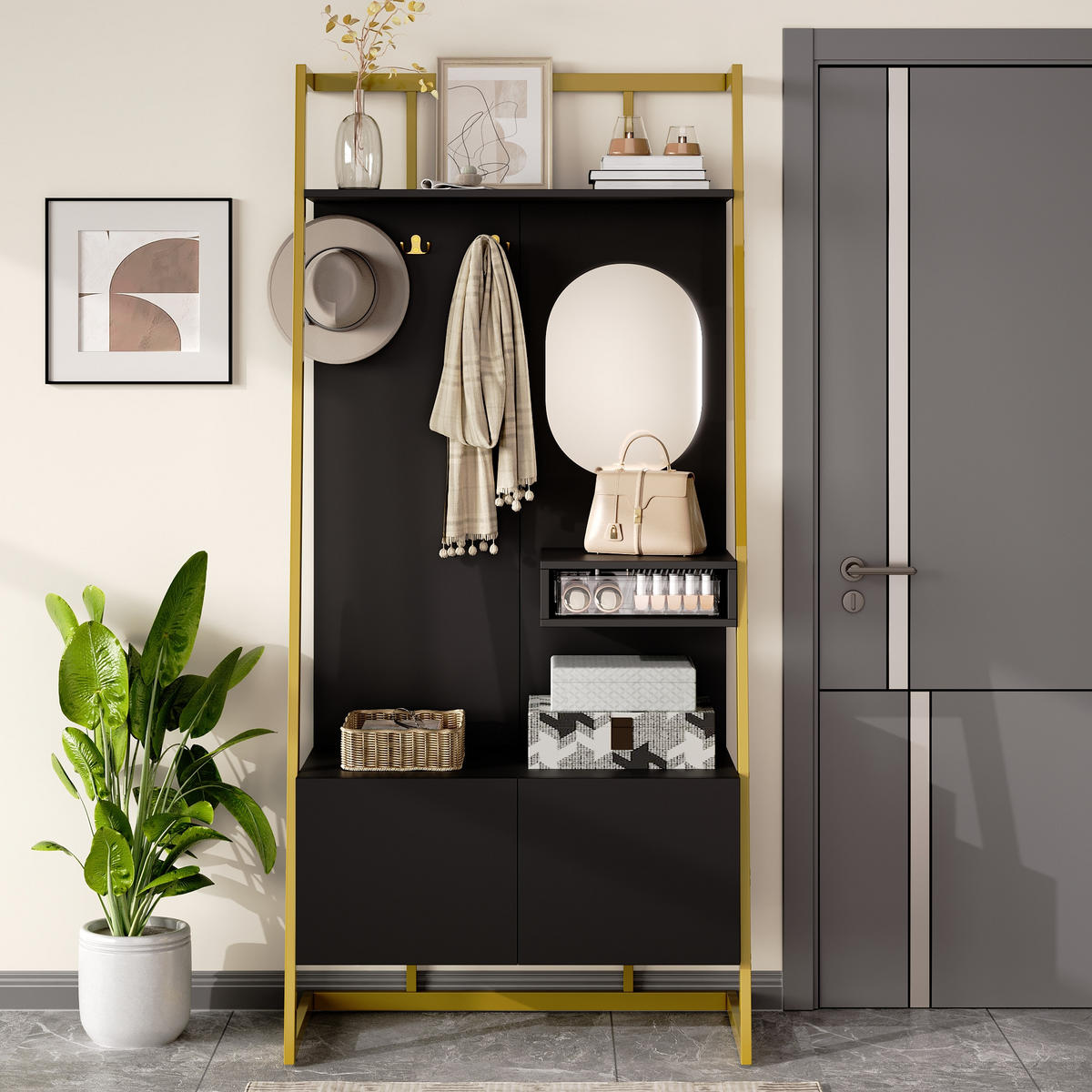 GARDEROBE Kompakt Spiegel Schuhbank Metallhaken - Schwarz, Holzwerkstoff (38.5/180.5/78cm) - FLIEKS