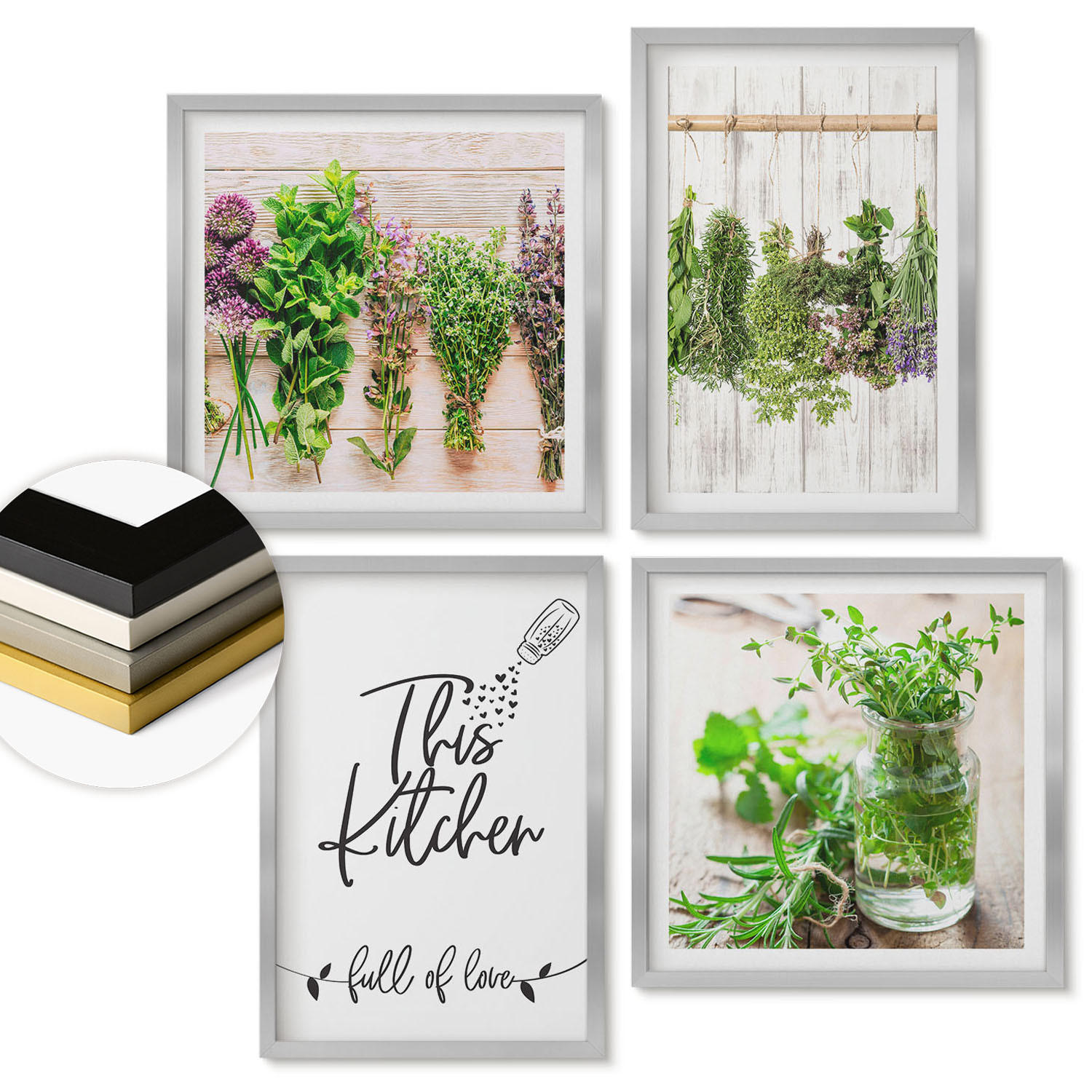 WANDBILDER 4er Set - 50x50 cm & 40x60 cm Silberner Rahmen - Kräuterpflanzen zum Trocknen in der Küche - Silberfarben, Kunststoff (50/50cm) - ArtPrintCave