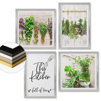 WANDBILDER 4er Set - 50x50 cm & 40x60 cm Silberner Rahmen - Kräuterpflanzen zum Trocknen in der Küche - Silberfarben, Kunststoff (50/50cm) - ArtPrintCave