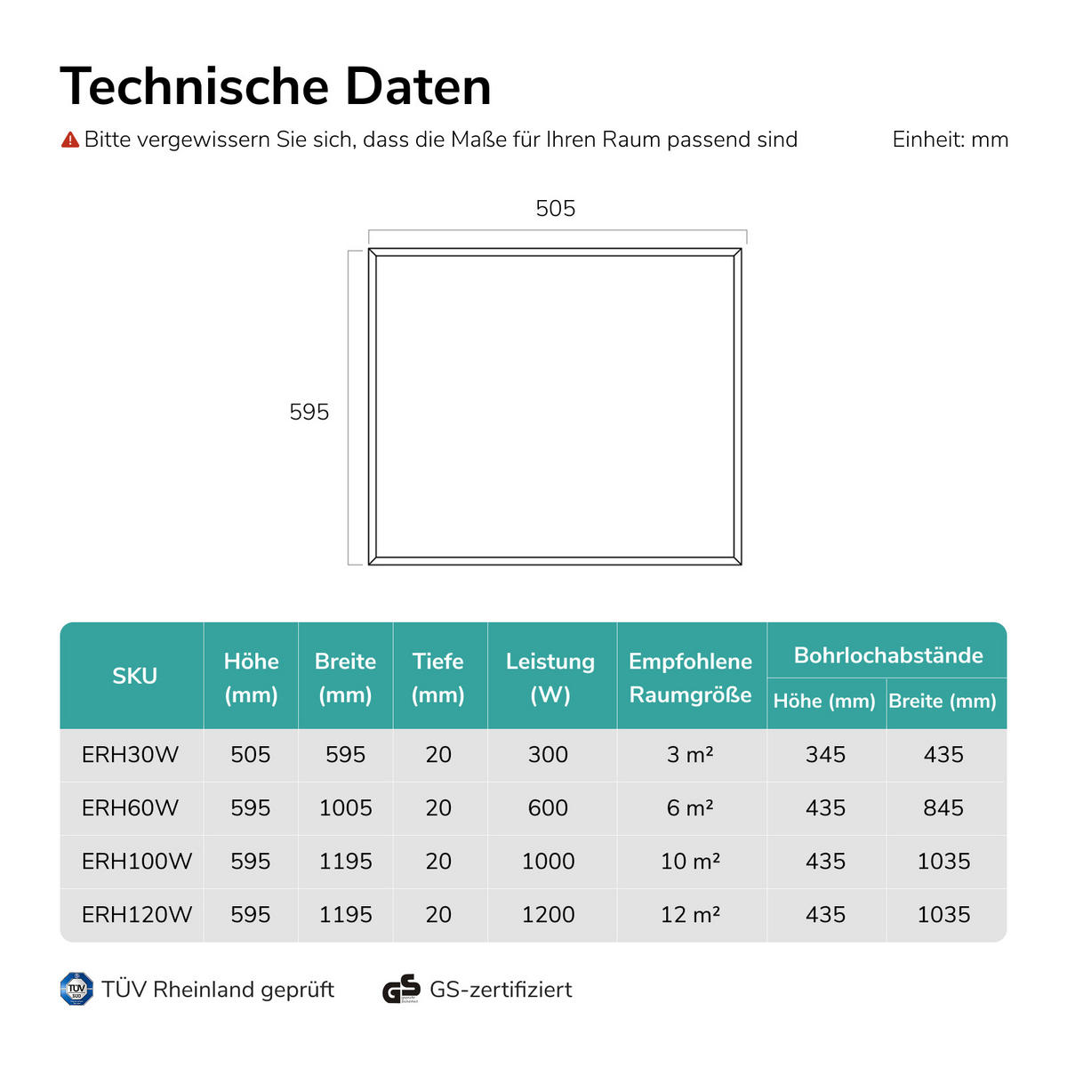 WANDKONVEKTOR Elektrisch 300 W mit Thermostat und App Steuerung 50,5/59,5 cm - Weiß, Kunststoff/Metall (50.5/59.5/2cm) - EMKE