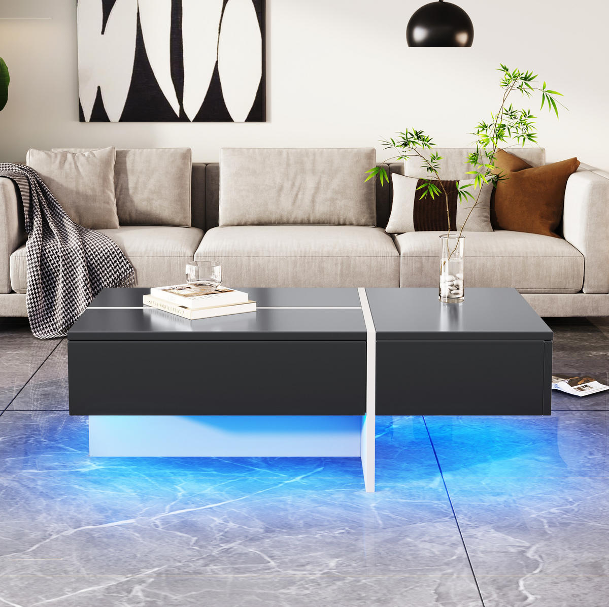 KONFERENČNÍ stolek, 100/50/34,5 cm černý, s LED osvětlením a 3 zásuvkami - černá, kompozitní dřevo (100/50/34.5cm) - BEAOK