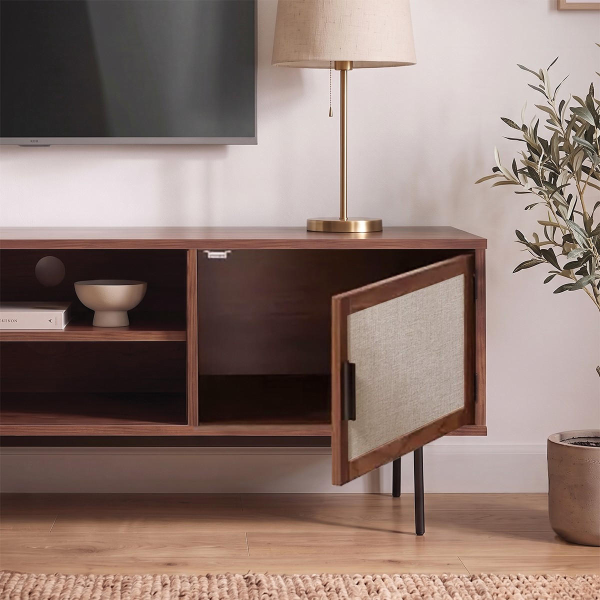 TV-MÖBEL in walnussdekor mit fronten aus stoff jetson 140/39,5/45 cm - Nussbaumfarben, Holzwerkstoff (140/45/39.5cm) - Calicosy