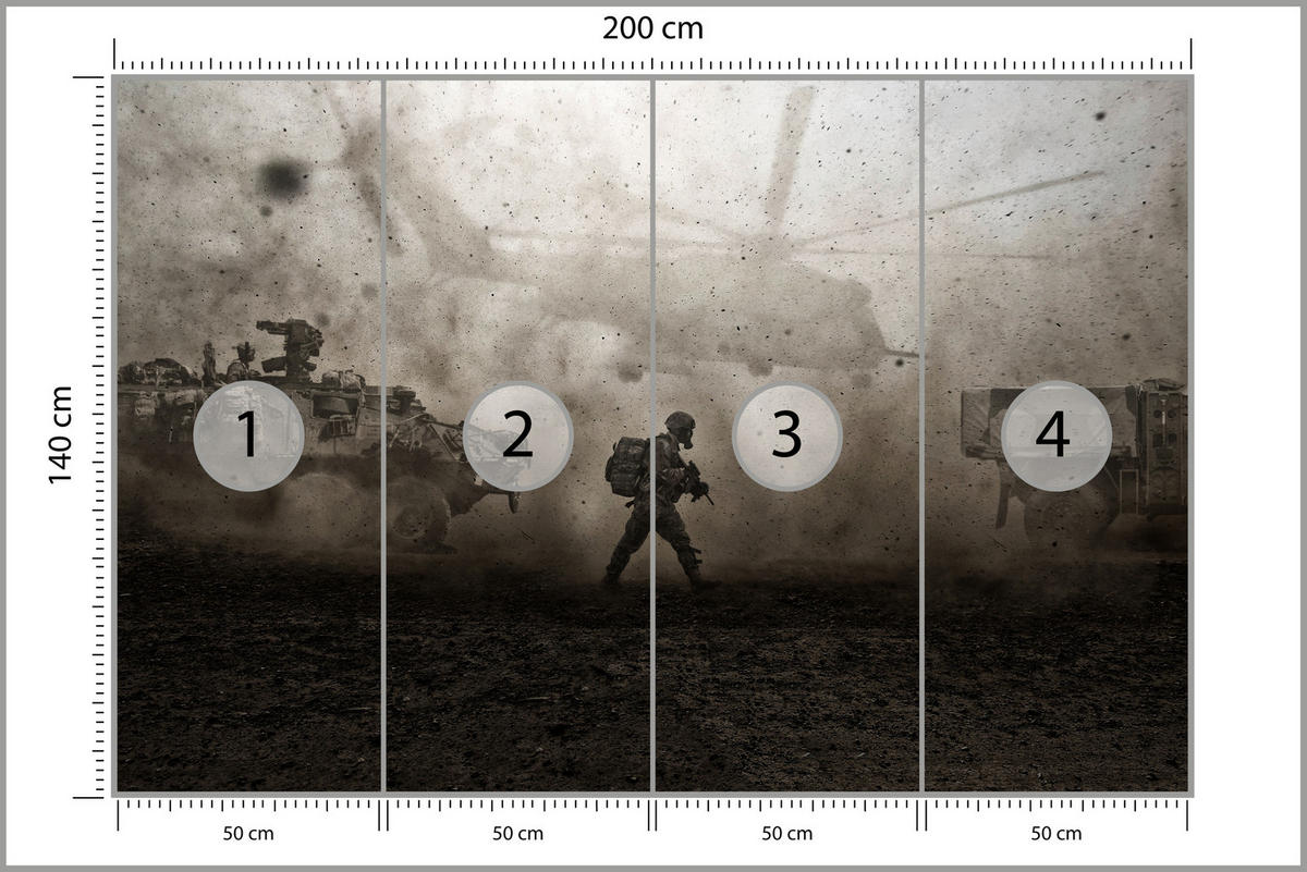 FOTOTAPETE für Jugendzimmer Wüste Militär Hubschrauber Panzer 200x140 - Beige/Schwarz, Papier (200/140cm) - Muralo