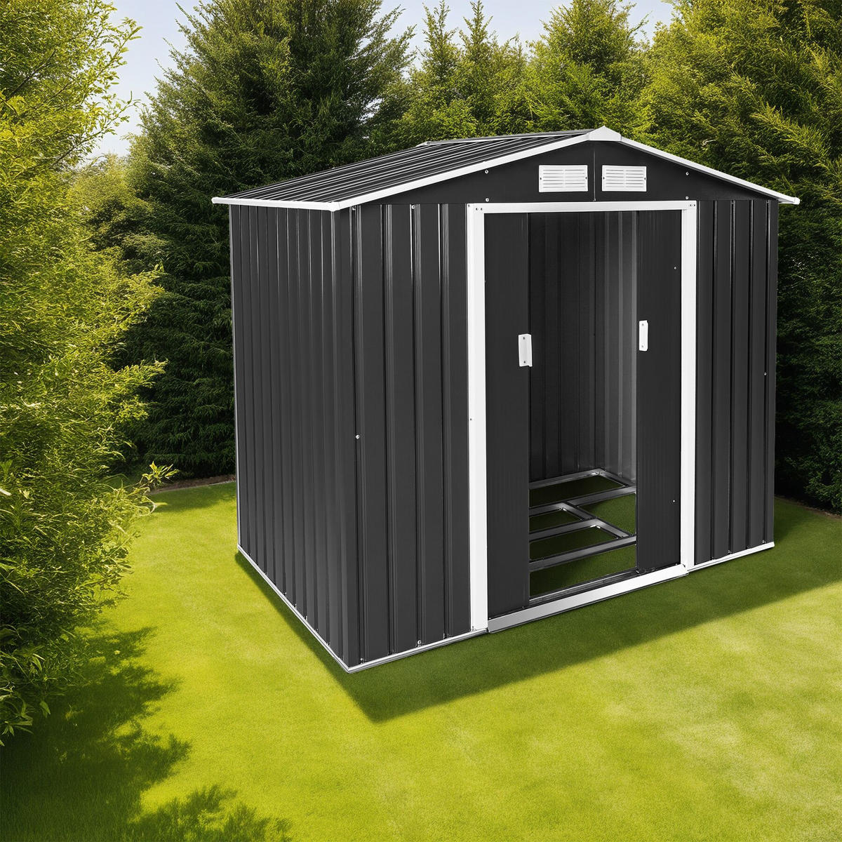 GARTENHAUS mit Satteldach, 214 x 130 x 185 cm, grau/weiß - Weiß/Grau, Metall (130/185/214cm) - tectake