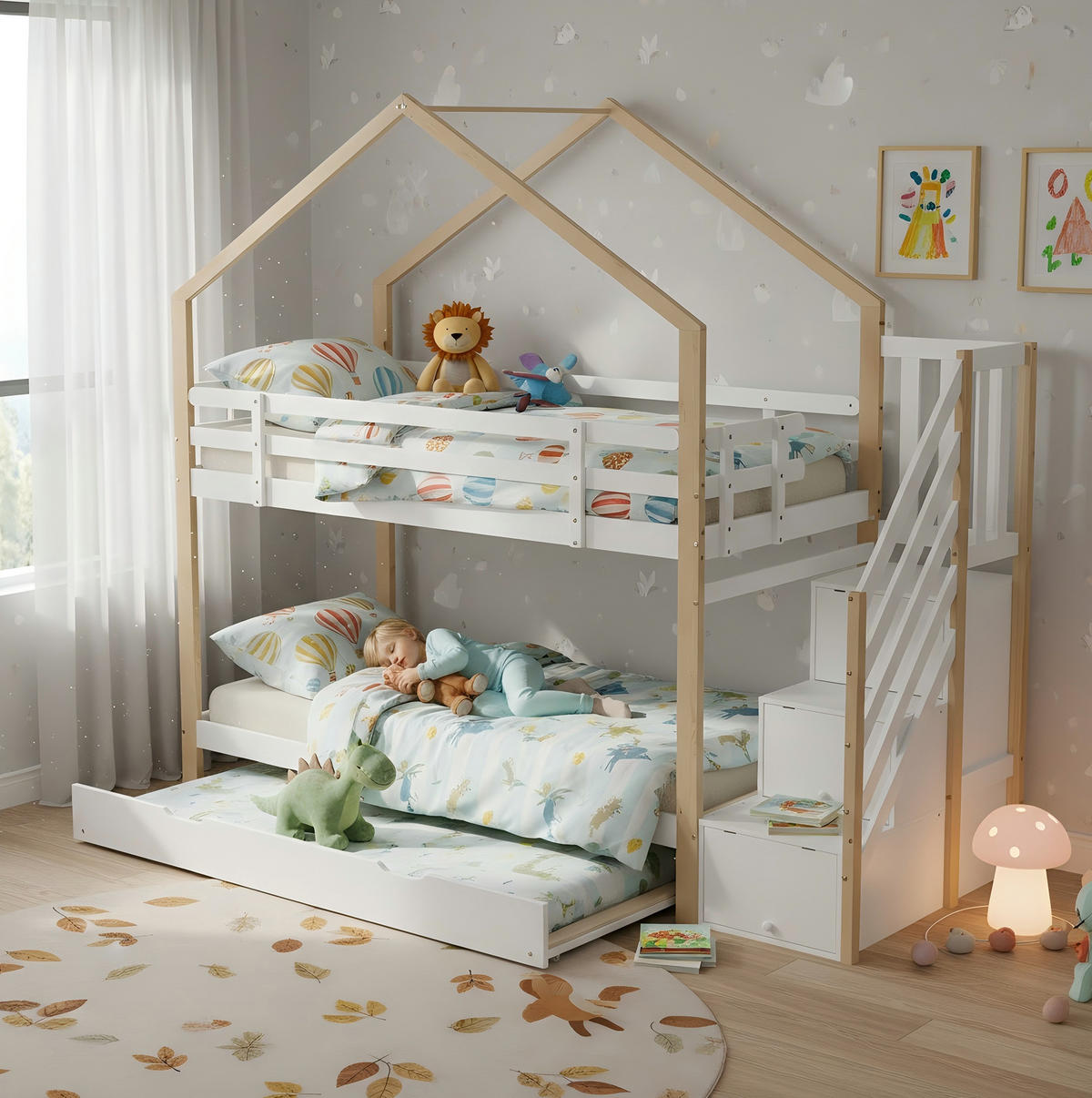 ETAGENBETT mit Ausziehbett und Schubladentreppe 90x200/90x190 cm Natur/Weiß - Weiß, Holzwerkstoff (90/200cm) - Beauniv