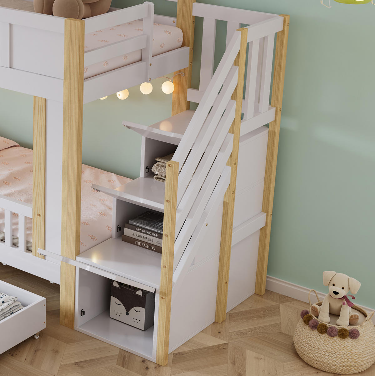 ETAGENBETT 90/200 cm in Weiß/Natur mit Treppenschrank und 3 Schubladen - Weiß, Holzwerkstoff (90/200cm) - Flora Grace